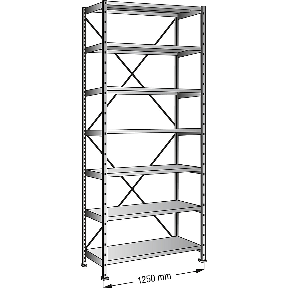 Boltless shelving unit, zinc plated, 7 shelves, height 2640 mm, shelf width 1200 mm, depth 200 mm, standard shelf unit