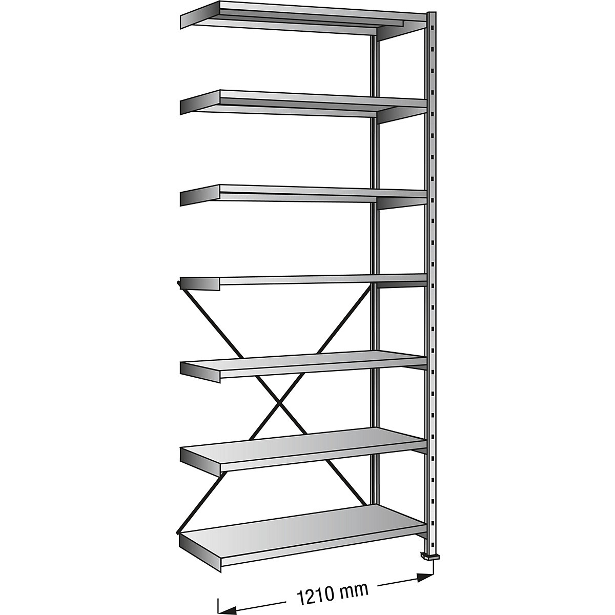 Boltless shelving unit, zinc plated, 7 shelves, height 2640 mm, shelf width 1200 mm, depth 300 mm, extension shelf unit