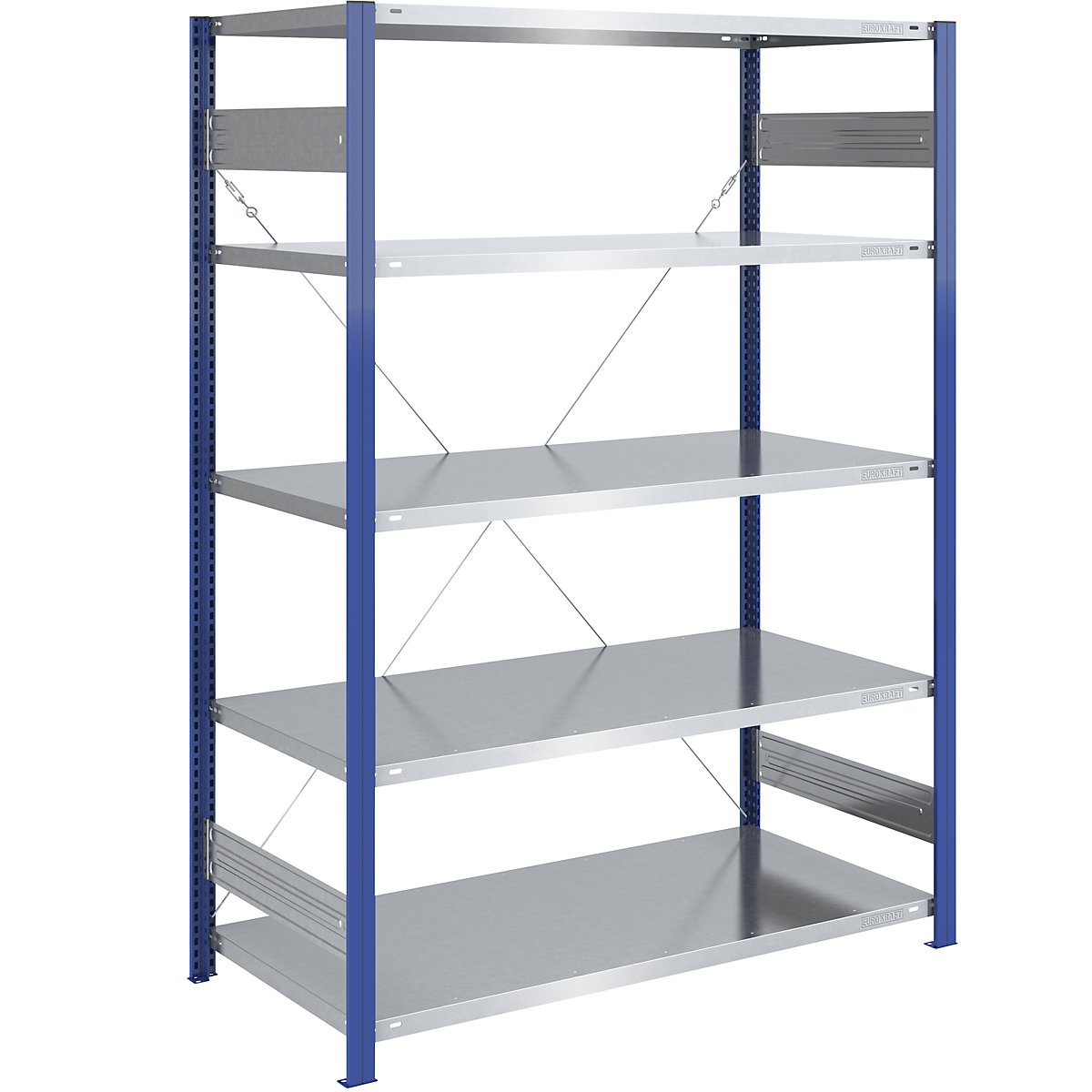 Boltless storage shelving unit, uprights in blue, zinc plated shelf – eurokraft pro, HxW 2000 x 1300 mm, basic shelf unit, depth 800 mm-9