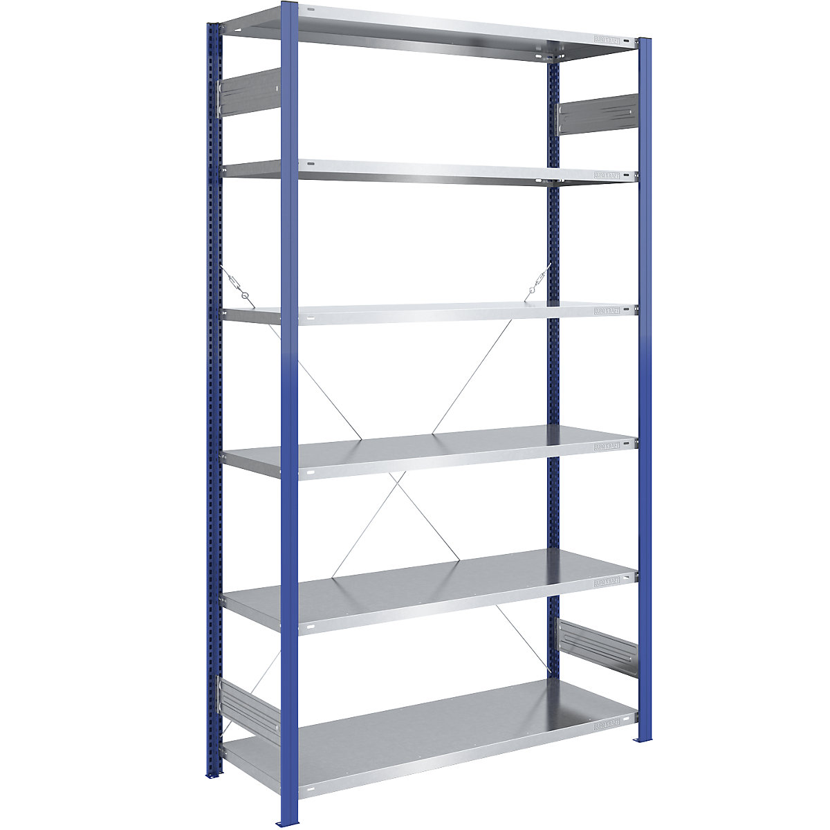Boltless storage shelving unit, uprights in blue, zinc plated shelf – eurokraft pro, HxW 2500 x 1300 mm, basic shelf unit, depth 600 mm-6
