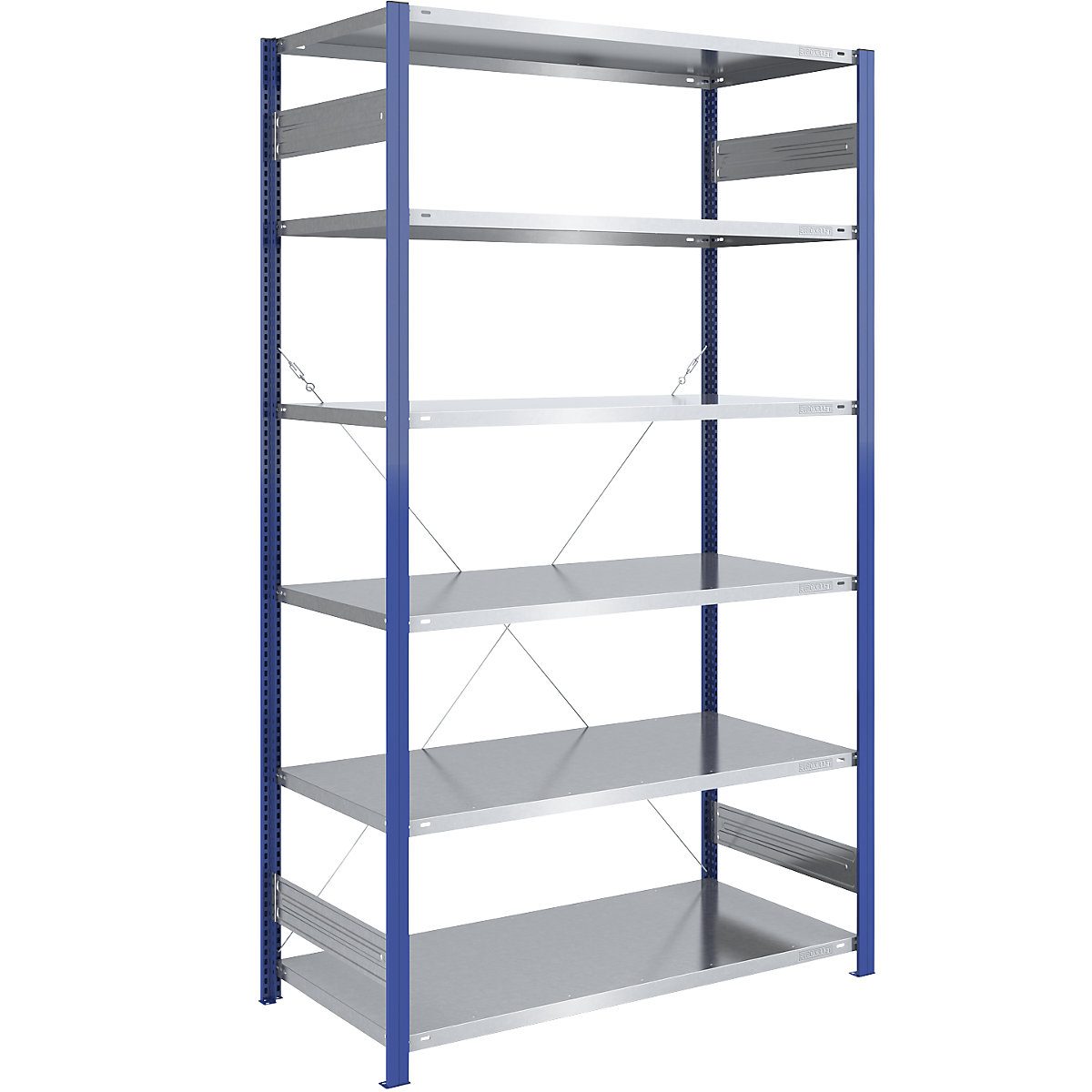 Boltless storage shelving unit, uprights in blue, zinc plated shelf – eurokraft pro, HxW 2500 x 1300 mm, basic shelf unit, depth 800 mm-9
