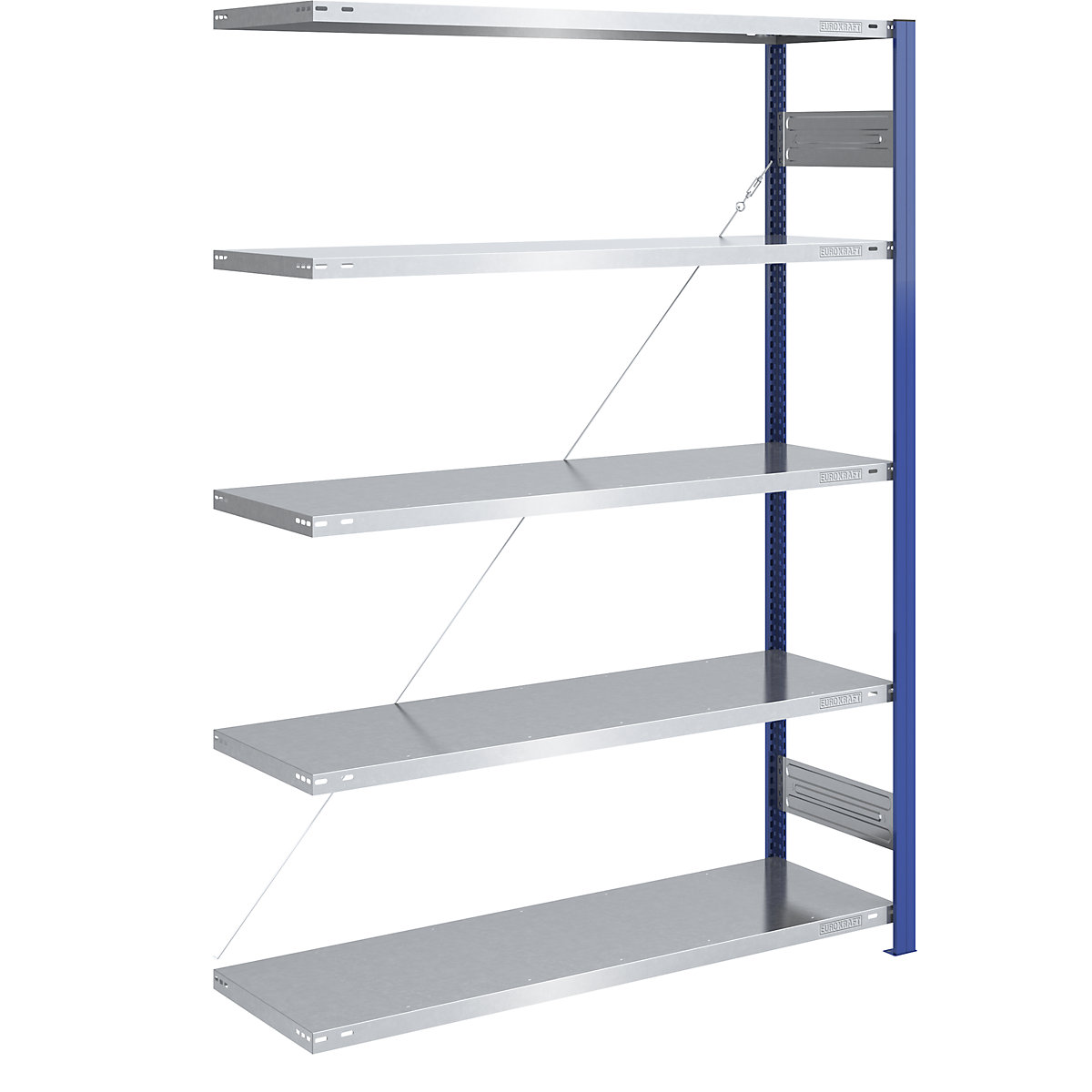 Boltless storage shelving unit, uprights in blue, zinc plated shelf – eurokraft pro, HxW 2000 x 1300 mm, extension shelf unit, depth 500 mm-12
