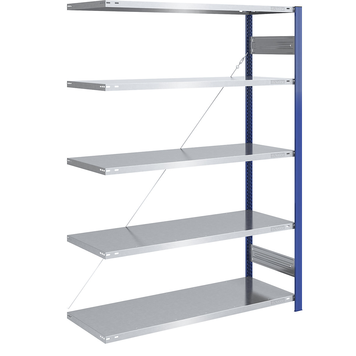 Boltless storage shelving unit, uprights in blue, zinc plated shelf – eurokraft pro, HxW 2000 x 1300 mm, extension shelf unit, depth 600 mm-6