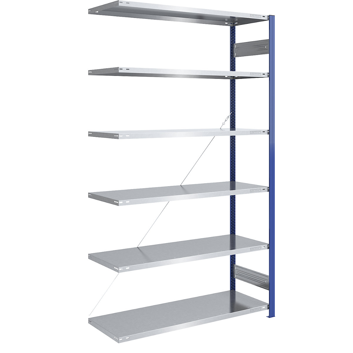 Boltless storage shelving unit, uprights in blue, zinc plated shelf – eurokraft pro, HxW 2500 x 1300 mm, extension shelf unit, depth 600 mm-5