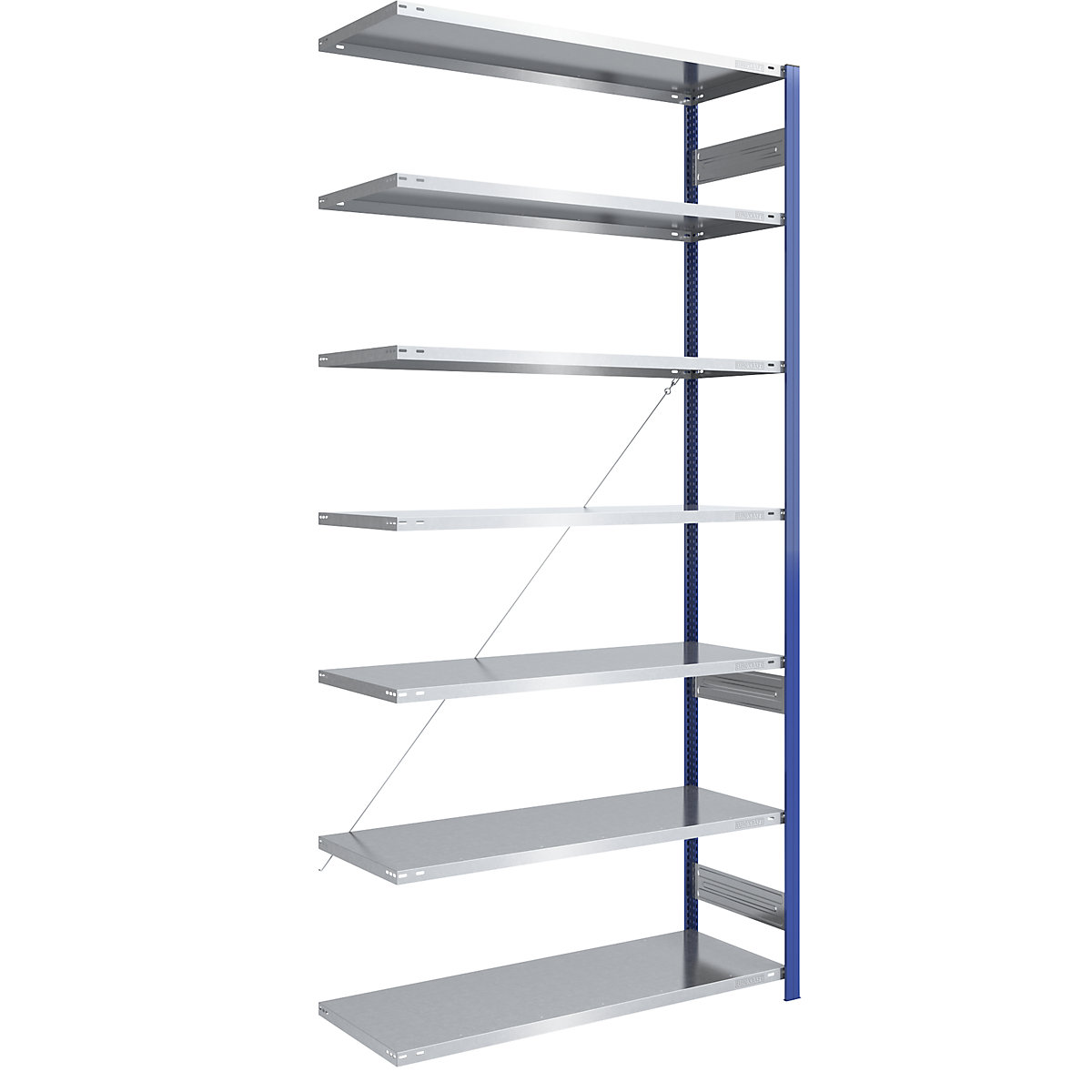 Boltless storage shelving unit, uprights in blue, zinc plated shelf – eurokraft pro, HxW 3000 x 1300 mm, extension shelf unit, depth 600 mm-6