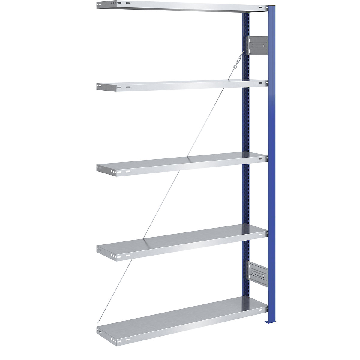 Boltless storage shelving unit, uprights in blue, zinc plated shelves – eurokraft pro