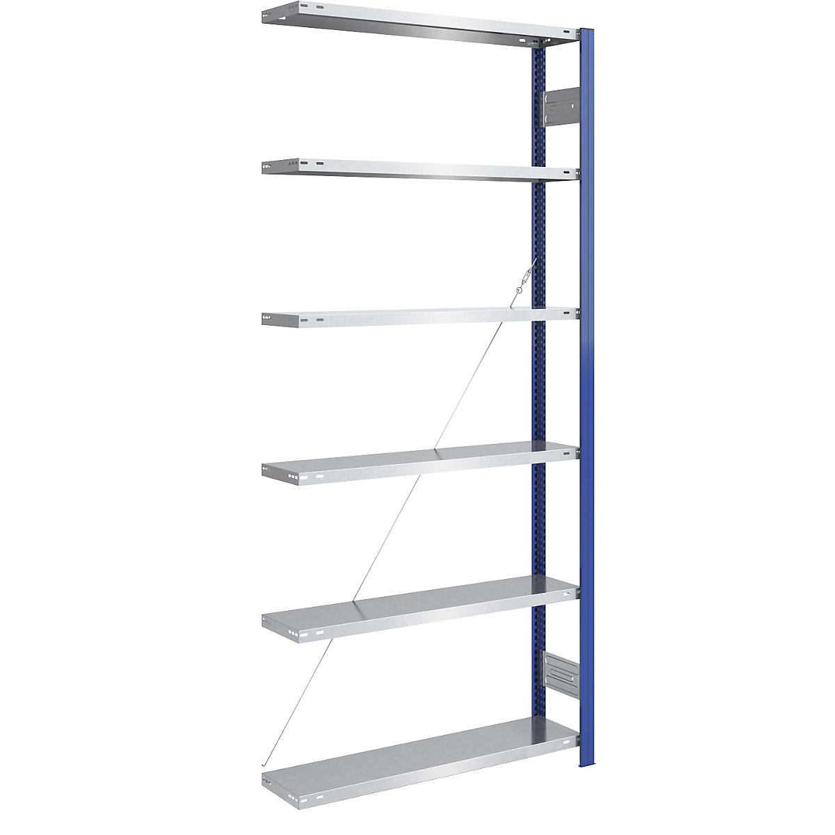 Boltless storage shelving unit, uprights in blue, zinc plated shelves – eurokraft pro