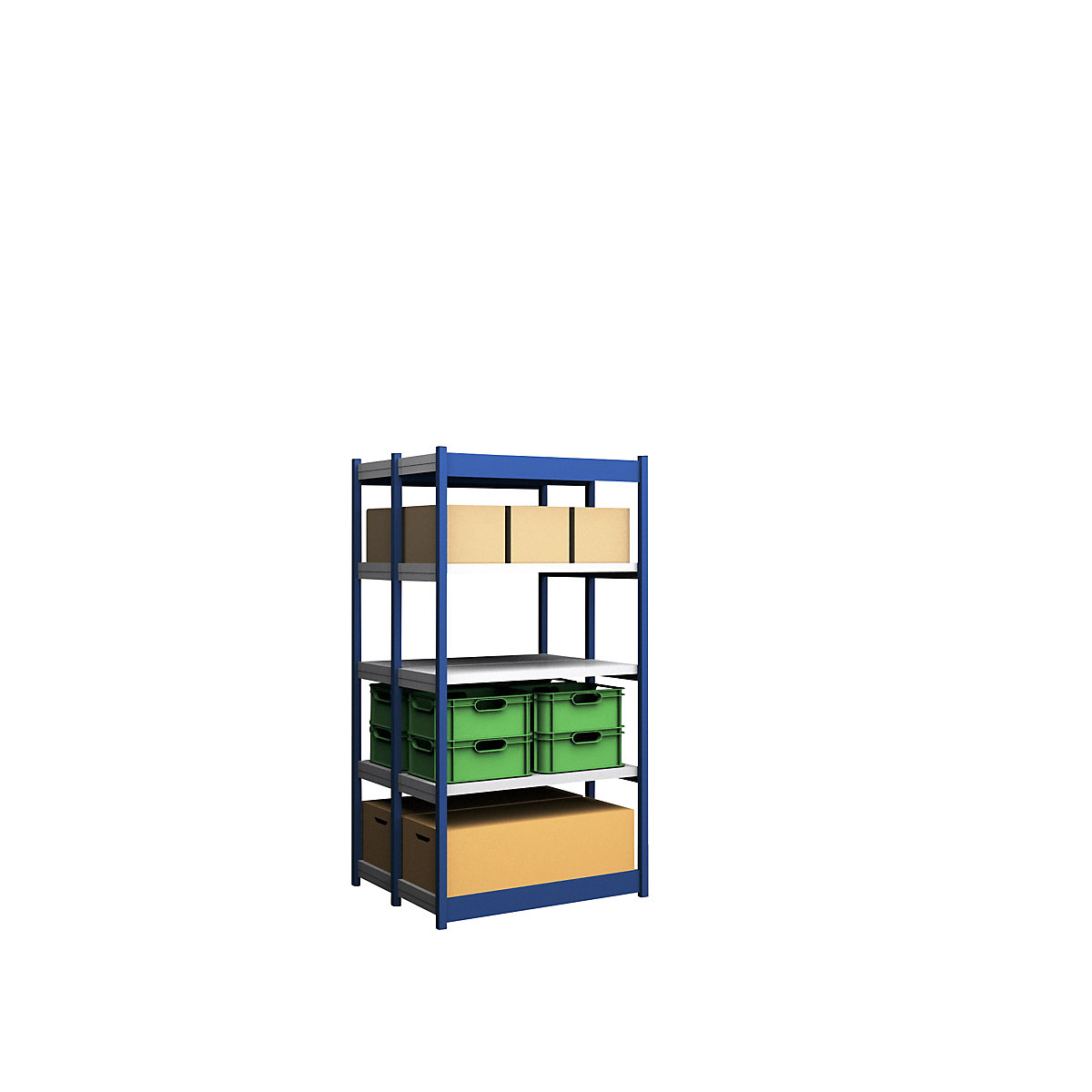 Stable boltless shelf unit, double sided – hofe, shelf unit height 2000 mm, blue / zinc-plated, shelf width 1025 mm, basic shelf unit, width x depth 1025 x 400 mm-7
