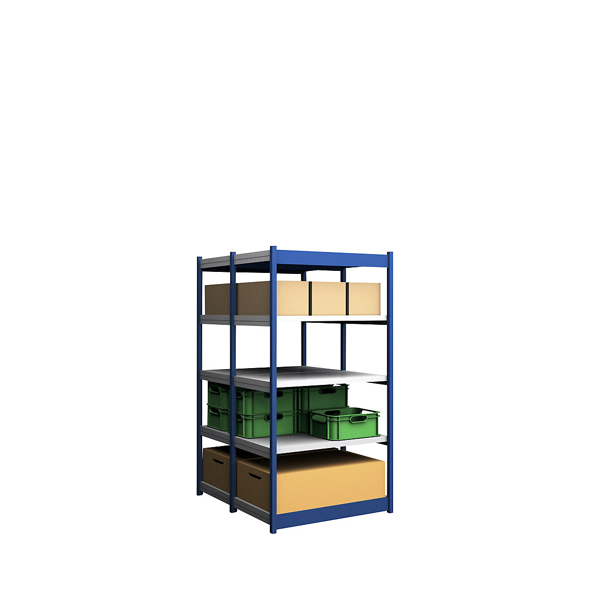 Stable boltless shelf unit, double sided – hofe, shelf unit height 2000 mm, blue / zinc-plated, shelf width 1025 mm, basic shelf unit, width x depth 1025 x 600 mm-9