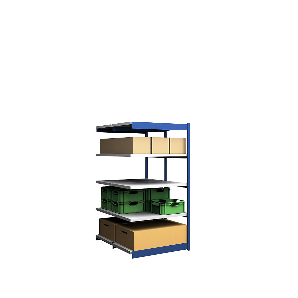 Stable boltless shelf unit, double sided – hofe, shelf unit height 2000 mm, blue / zinc-plated, shelf width 1025 mm, extension shelf unit, width x depth 1025 x 600 mm-8
