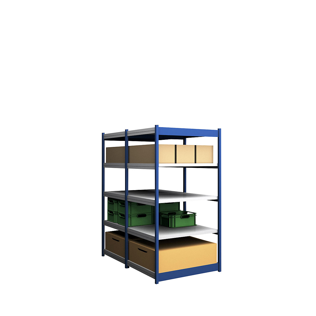 Stable boltless shelf unit, double sided – hofe, shelf unit height 2000 mm, blue / zinc-plated, shelf width 1025 mm, basic shelf unit, width x depth 1025 x 800 mm-3