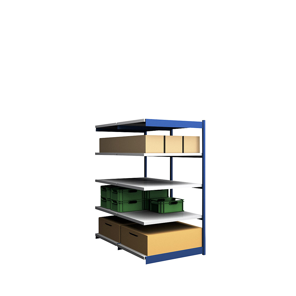 Stable boltless shelf unit, double sided – hofe, shelf unit height 2000 mm, blue / zinc-plated, shelf width 1025 mm, extension shelf unit, width x depth 1025 x 800 mm-4