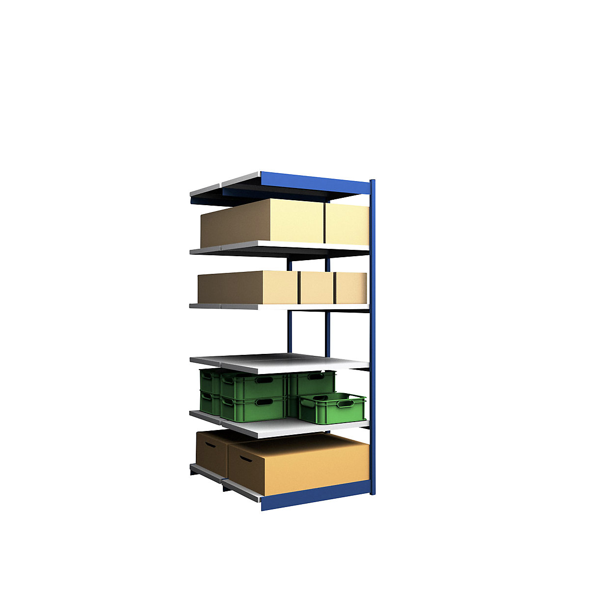 Stable boltless shelf unit, double sided – hofe, shelf unit height 2500 mm, blue / zinc-plated, shelf width 1025 mm, extension shelf unit, width x depth 1025 x 600 mm-10