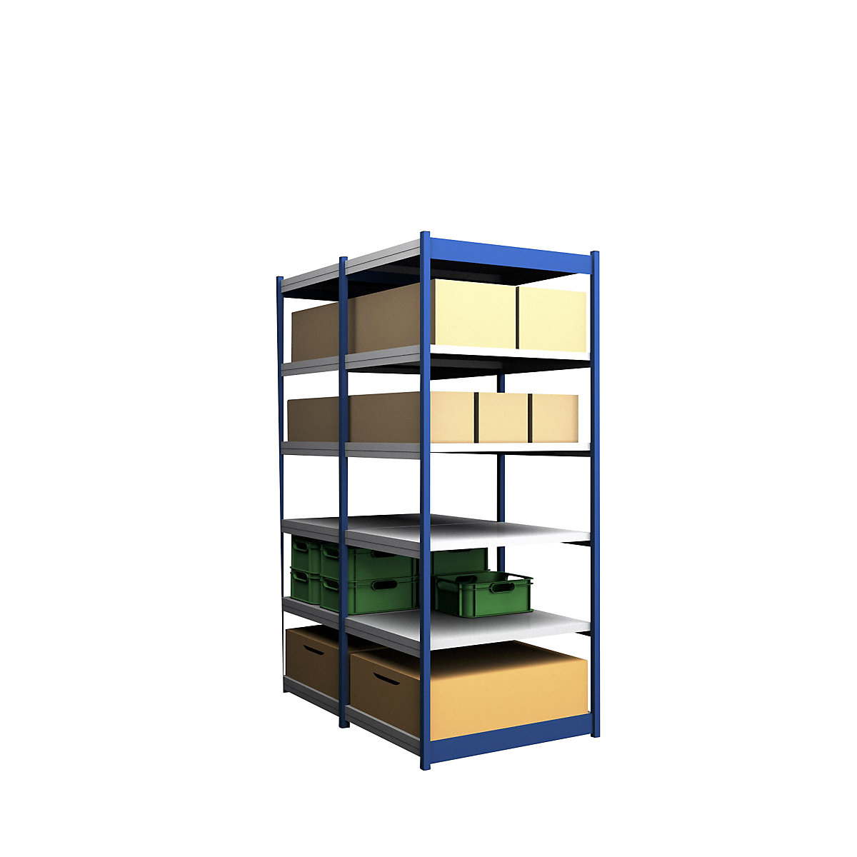 Stable boltless shelf unit, double sided – hofe, shelf unit height 2500 mm, blue / zinc-plated, shelf width 1025 mm, basic shelf unit, width x depth 1025 x 800 mm-4