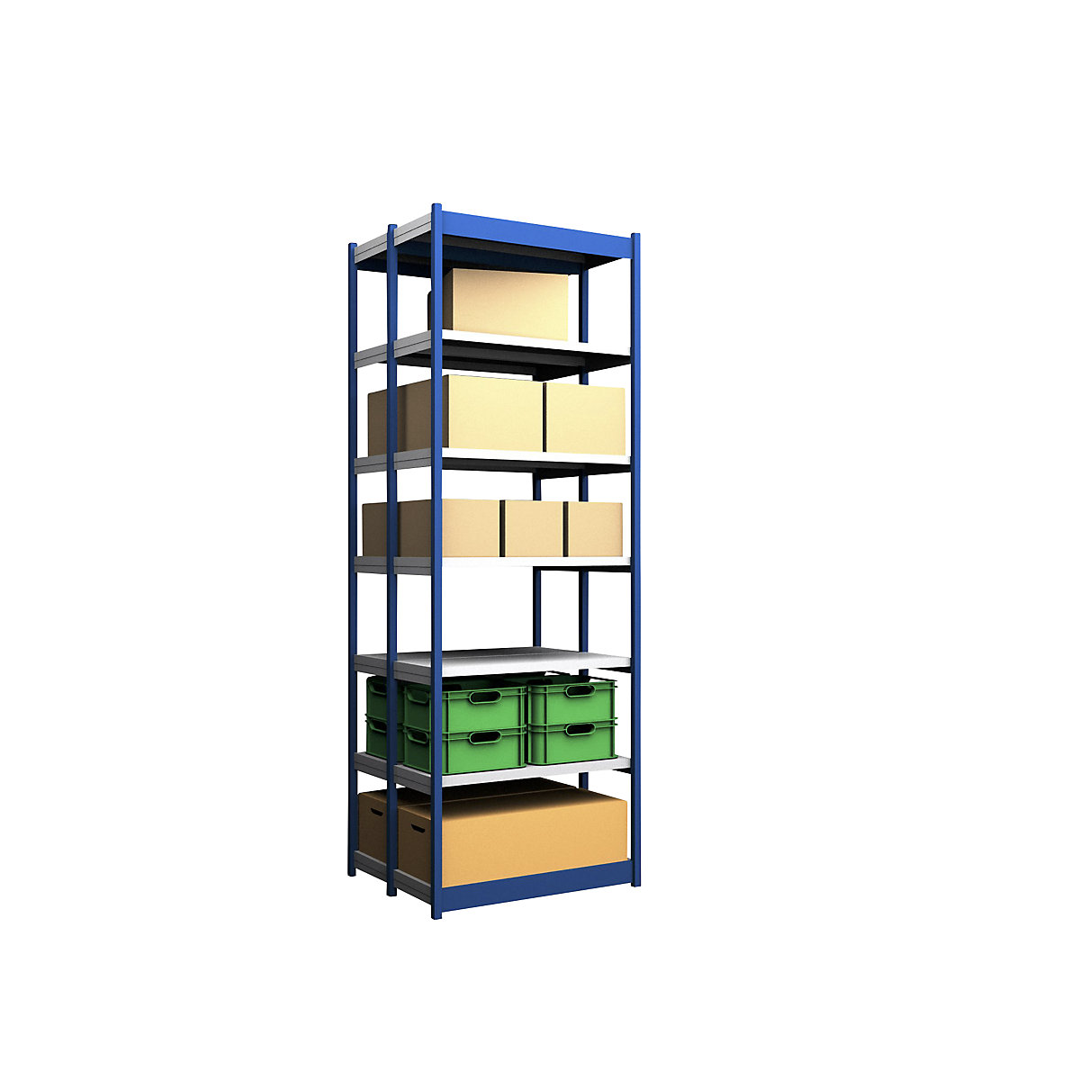 Stable boltless shelf unit, double sided – hofe, shelf unit height 3000 mm, blue / zinc-plated, shelf width 1025 mm, basic shelf unit, width x depth 1025 x 400 mm-9