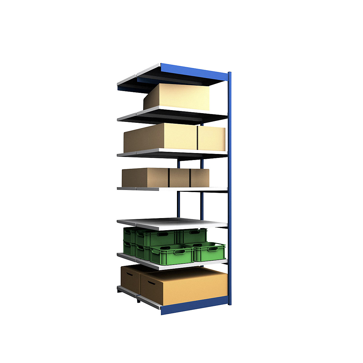 Stable boltless shelf unit, double sided – hofe, shelf unit height 3000 mm, blue / zinc-plated, shelf width 1025 mm, extension shelf unit, width x depth 1025 x 600 mm-7