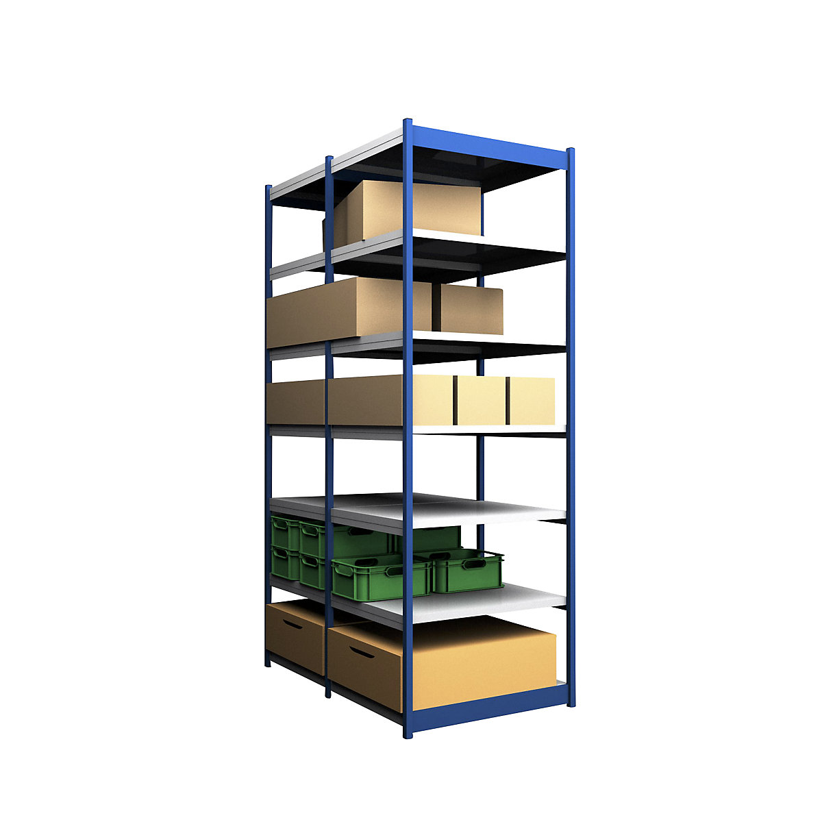 Stable boltless shelf unit, double sided – hofe, shelf unit height 3000 mm, blue / zinc-plated, shelf width 1025 mm, basic shelf unit, width x depth 1025 x 800 mm-3