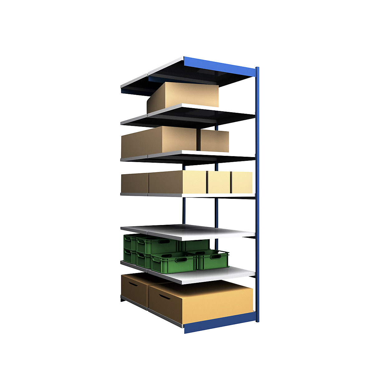 Stable boltless shelf unit, double sided – hofe, shelf unit height 3000 mm, blue / zinc-plated, shelf width 1025 mm, extension shelf unit, width x depth 1025 x 800 mm-6