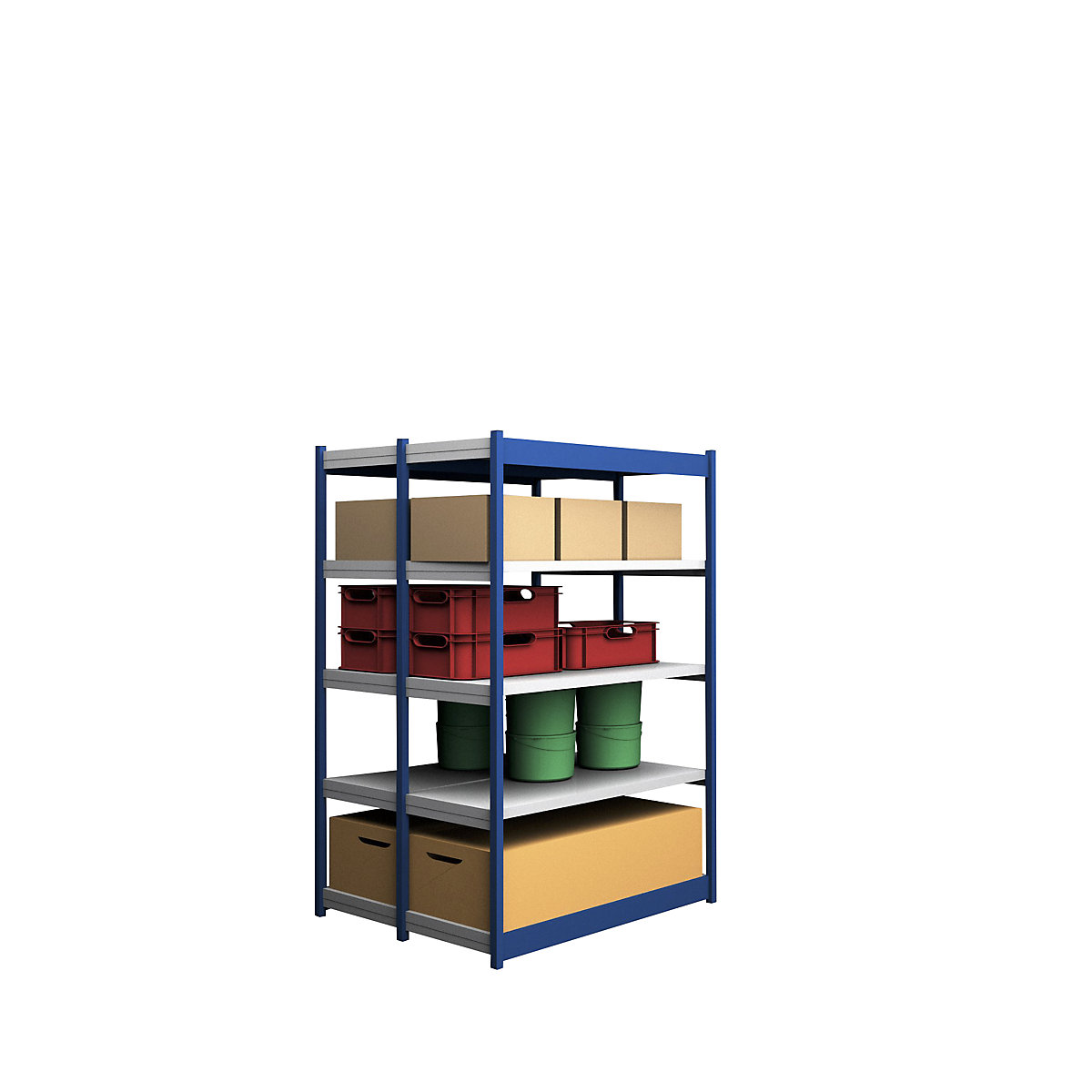 Stable boltless shelf unit, double sided – hofe, shelf unit height 2000 mm, blue / zinc-plated, shelf width 1325 mm, basic shelf unit, width x depth 1325 x 500 mm-9