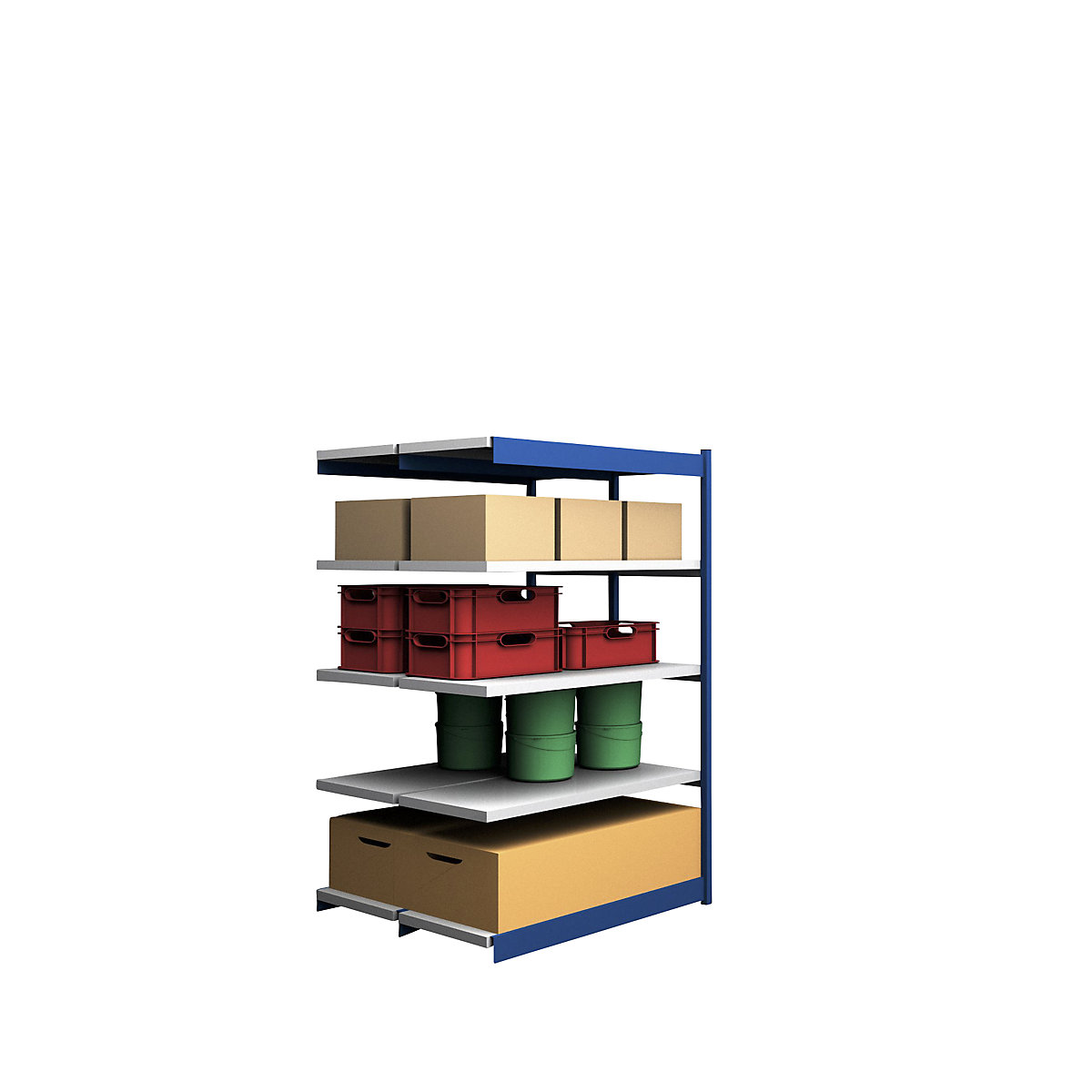 Stable boltless shelf unit, double sided – hofe, shelf unit height 2000 mm, blue / zinc-plated, shelf width 1325 mm, extension shelf unit, width x depth 1325 x 500 mm-5