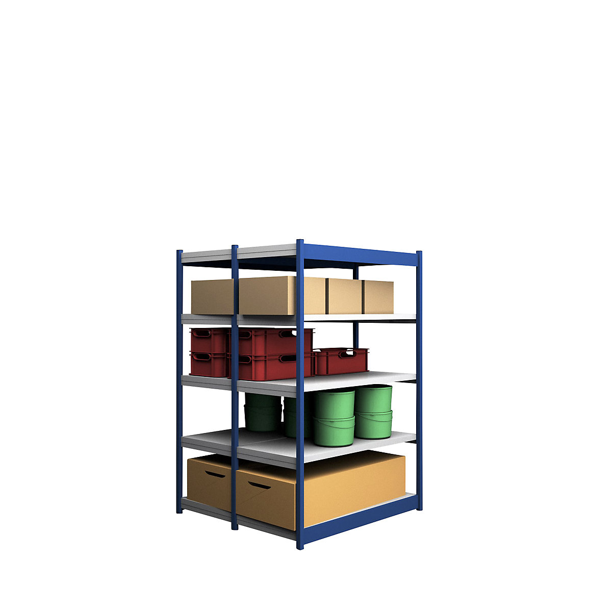 Stable boltless shelf unit, double sided – hofe, shelf unit height 2000 mm, blue / zinc-plated, shelf width 1325 mm, basic shelf unit, width x depth 1325 x 600 mm-8