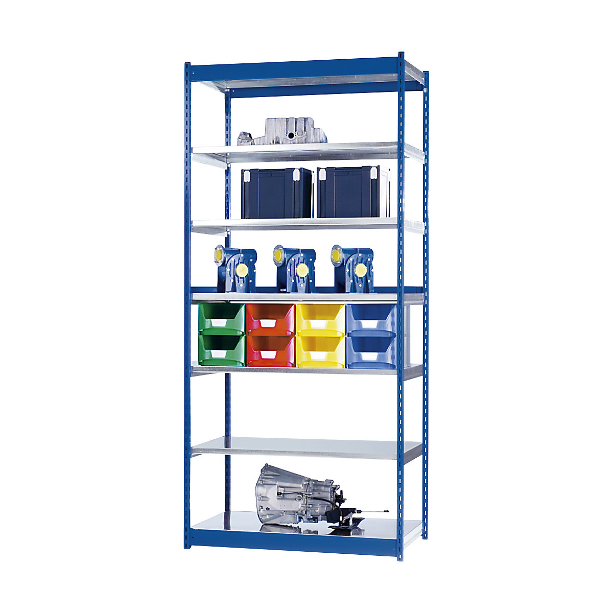 Stable boltless shelf unit, single sided – hofe, shelf unit height 3000 mm, blue / zinc-plated, shelf width 1325 mm, basic shelf unit, width x depth 1325 x 400 mm-8