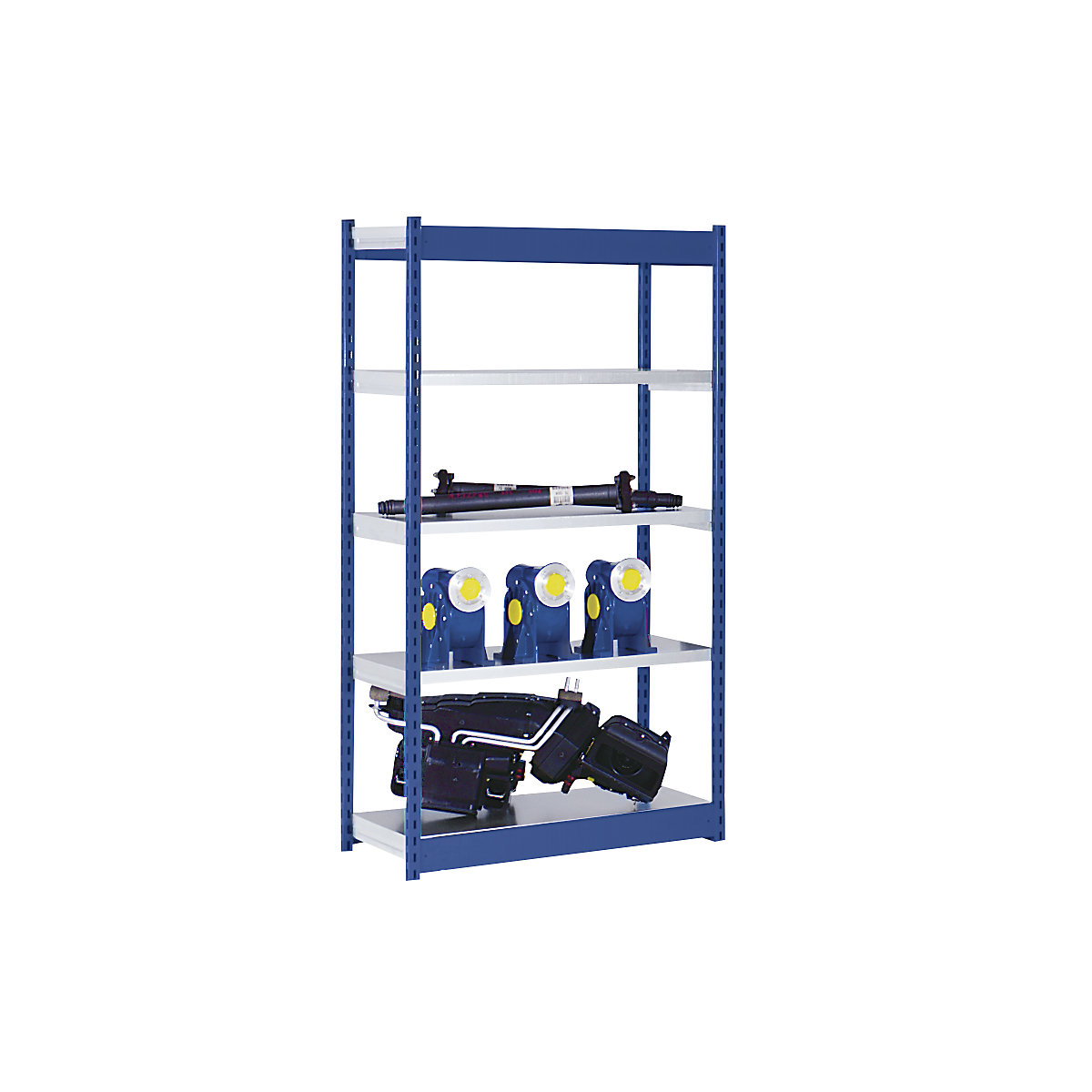 Stable boltless shelf unit, single sided – hofe, shelf unit height 2000 mm, blue / zinc-plated, shelf width 1025 mm, basic shelf unit, width x depth 1025 x 400 mm-5