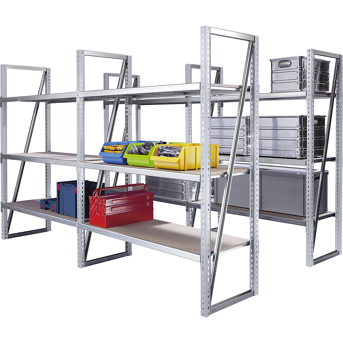 Wide span boltless shelf unit, shelf width 1500 mm – eurokraft pro, shelf unit height 1990 mm, shelf depth 600 mm, standard shelf unit, RAL 7035