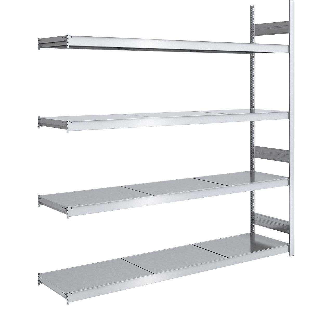 Wide span boltless shelving unit, zinc plated – hofe, shelf WxD 2250 x 600 mm, extension shelf unit, 4 steel shelves, height 2500 mm