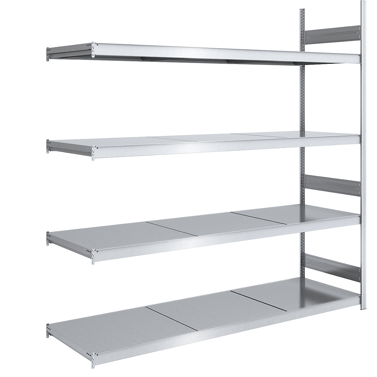 Wide span boltless shelving unit, zinc plated – hofe, shelf WxD 2250 x 800 mm, extension shelf unit, 4 steel shelves, height 2500 mm
