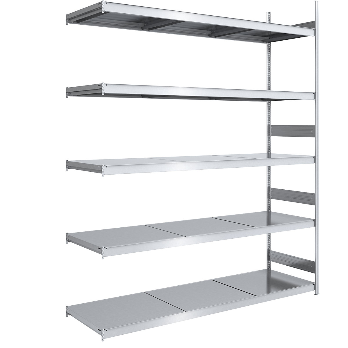 Wide span boltless shelving unit, zinc plated – hofe, shelf WxD 2250 x 800 mm, extension shelf unit, 5 steel shelves, height 3000 mm