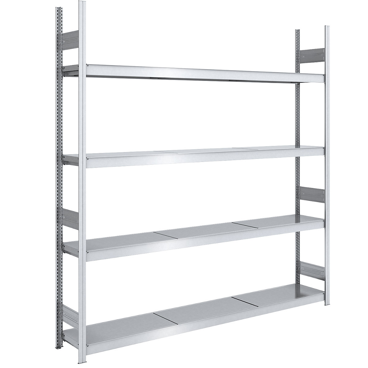 Wide span boltless shelving unit, zinc plated – hofe, shelf WxD 2250 x 400 mm, standard shelf unit, 4 steel shelves, height 2500 mm