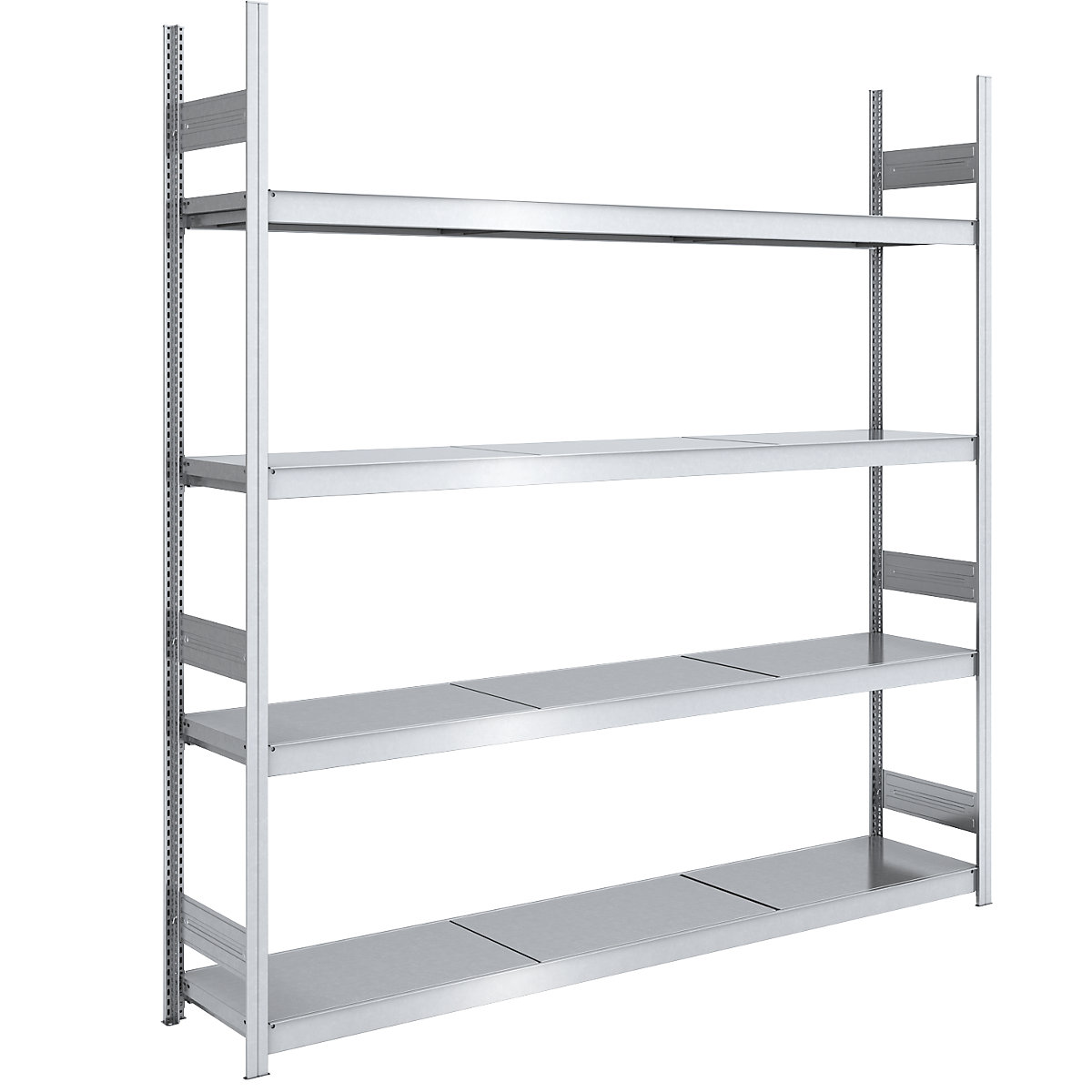 Wide span boltless shelving unit, zinc plated – hofe, shelf WxD 2250 x 500 mm, standard shelf unit, 4 steel shelves, height 2500 mm
