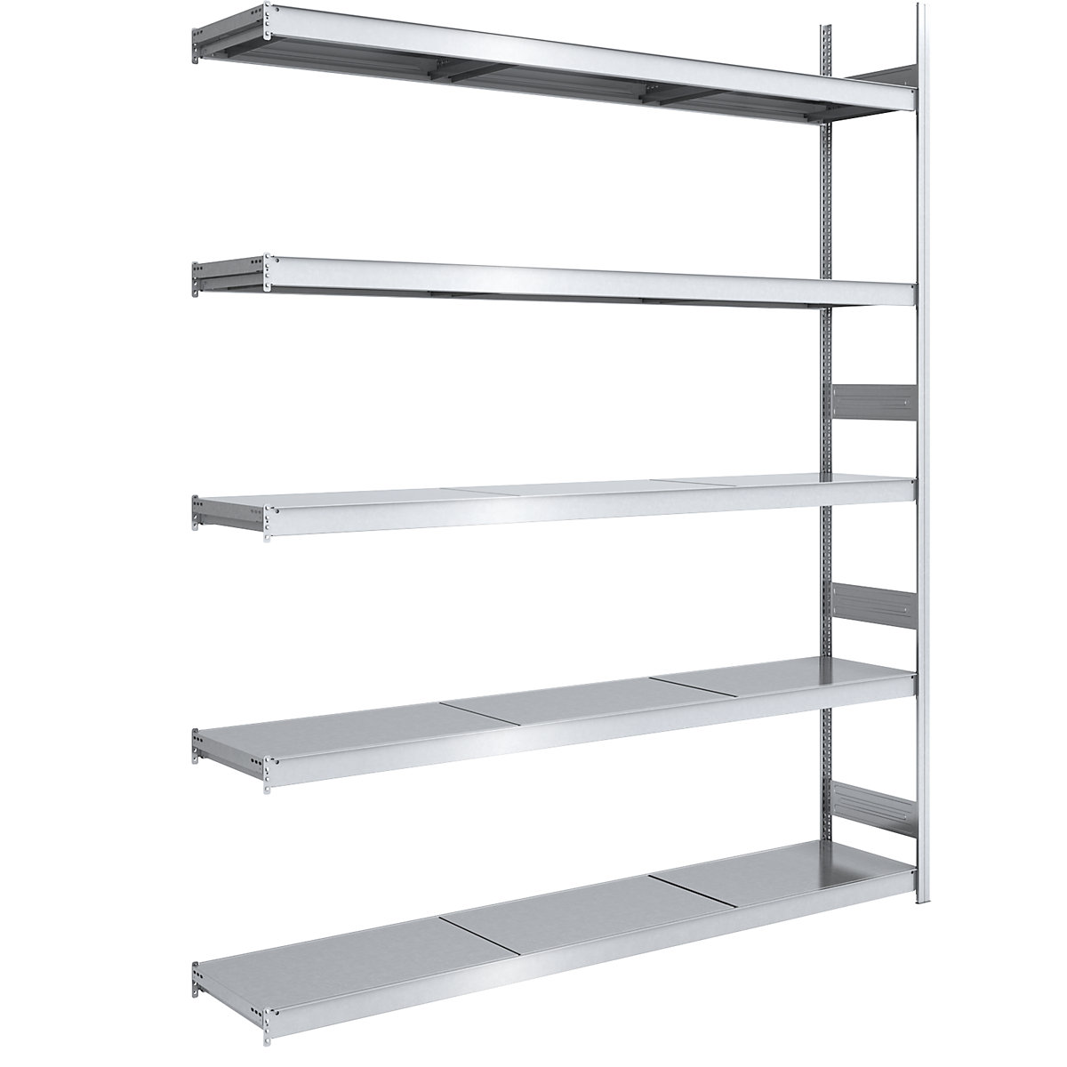 Wide span boltless shelving unit, zinc plated – hofe, shelf WxD 2250 x 500 mm, extension shelf unit, 5 steel shelves, height 3000 mm