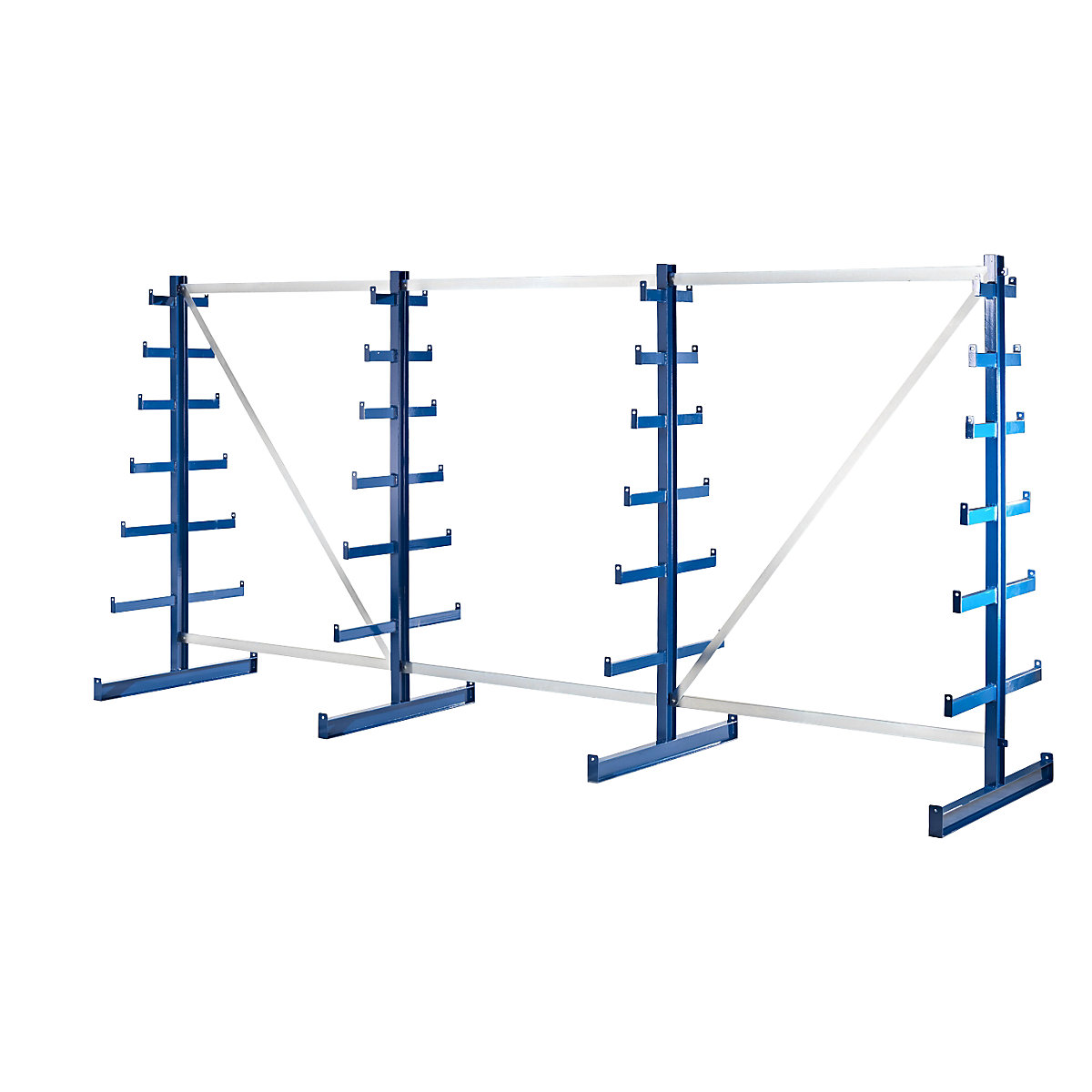 Cantilever racking unit with cantilever arms which taper towards the top – eurokraft pro, shelf unit length 4050 mm, double sided, gentian blue-3