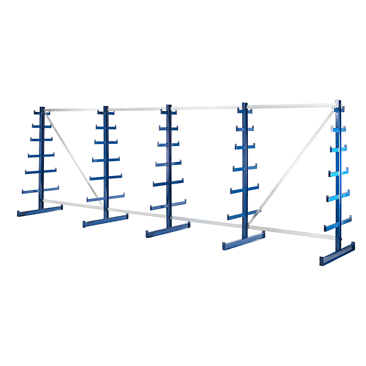 Cantilever racking unit with cantilever arms which taper towards the top – eurokraft pro, shelf unit length 5400 mm, double sided, gentian blue-3