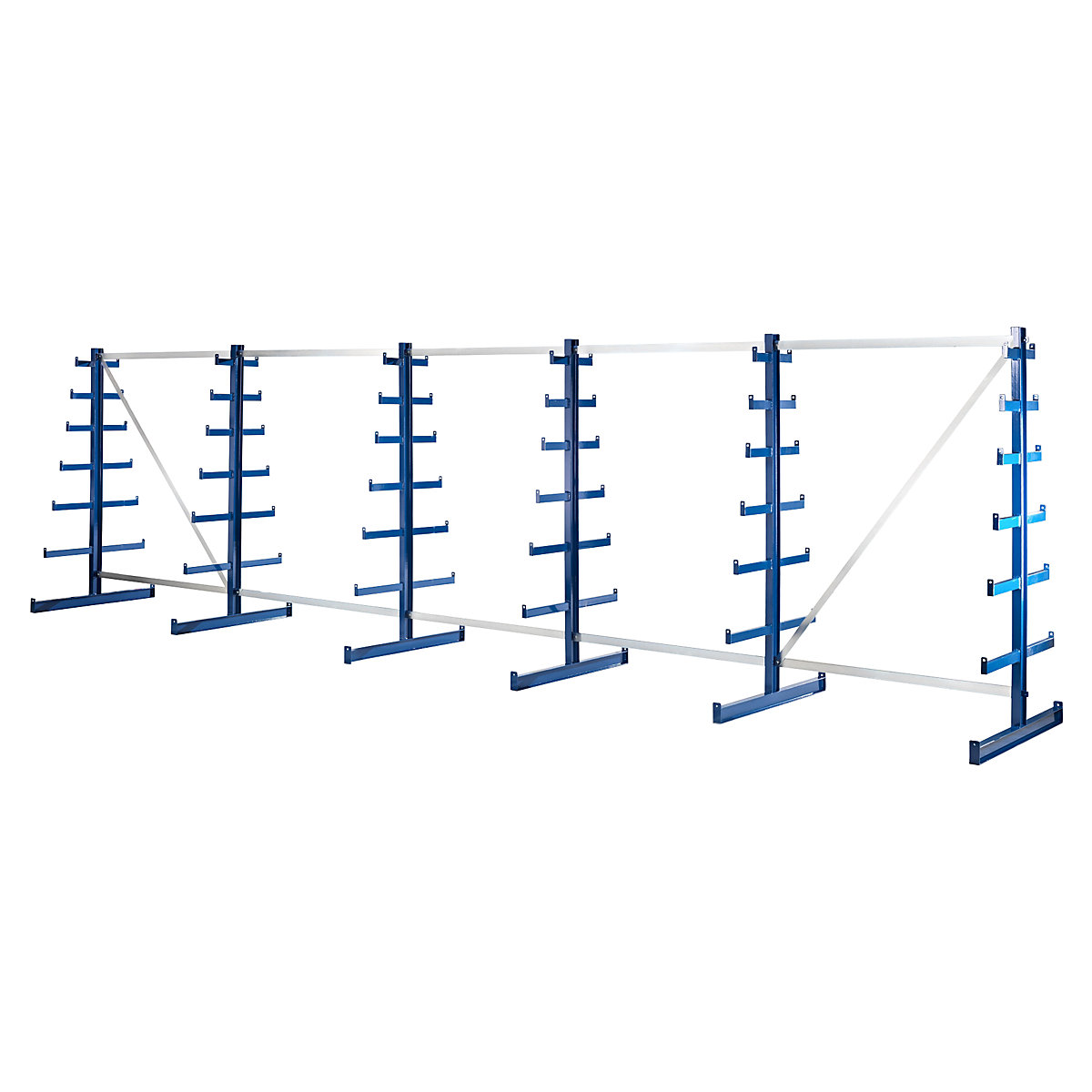Cantilever racking unit with cantilever arms which taper towards the top – eurokraft pro, shelf unit length 6750 mm, double sided, gentian blue-3