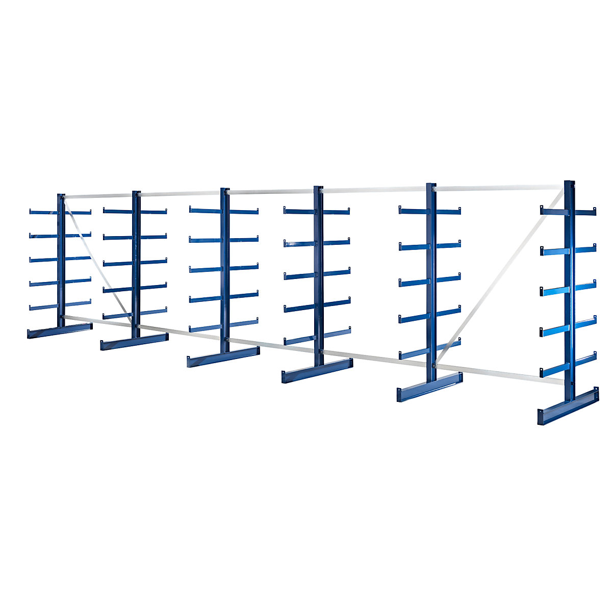 Cantilever racking unit with identical cantilever arm length – eurokraft pro, shelf unit length 6750 mm, double sided, gentian blue-3