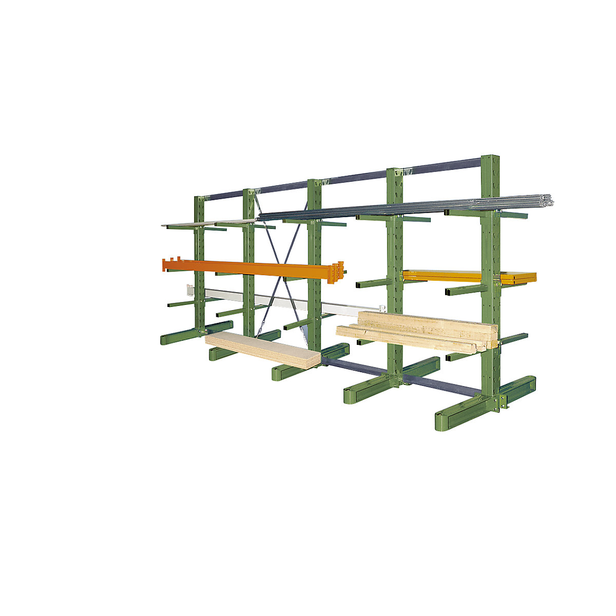 Complete cantilever racking unit, double sided – eurokraft pro, upright height 2700 mm, length 4100 mm, depth 2 x 400 mm, green-1