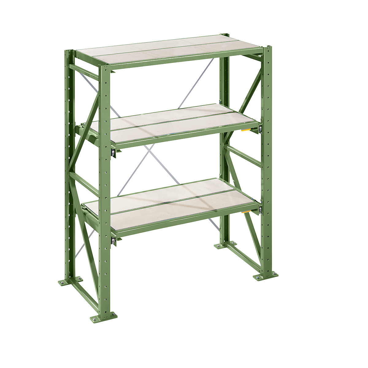 Heavy duty pull-out shelving unit – LISTA, shelf width 1290 mm, depth 860 mm, standard shelf unit, reseda green-8