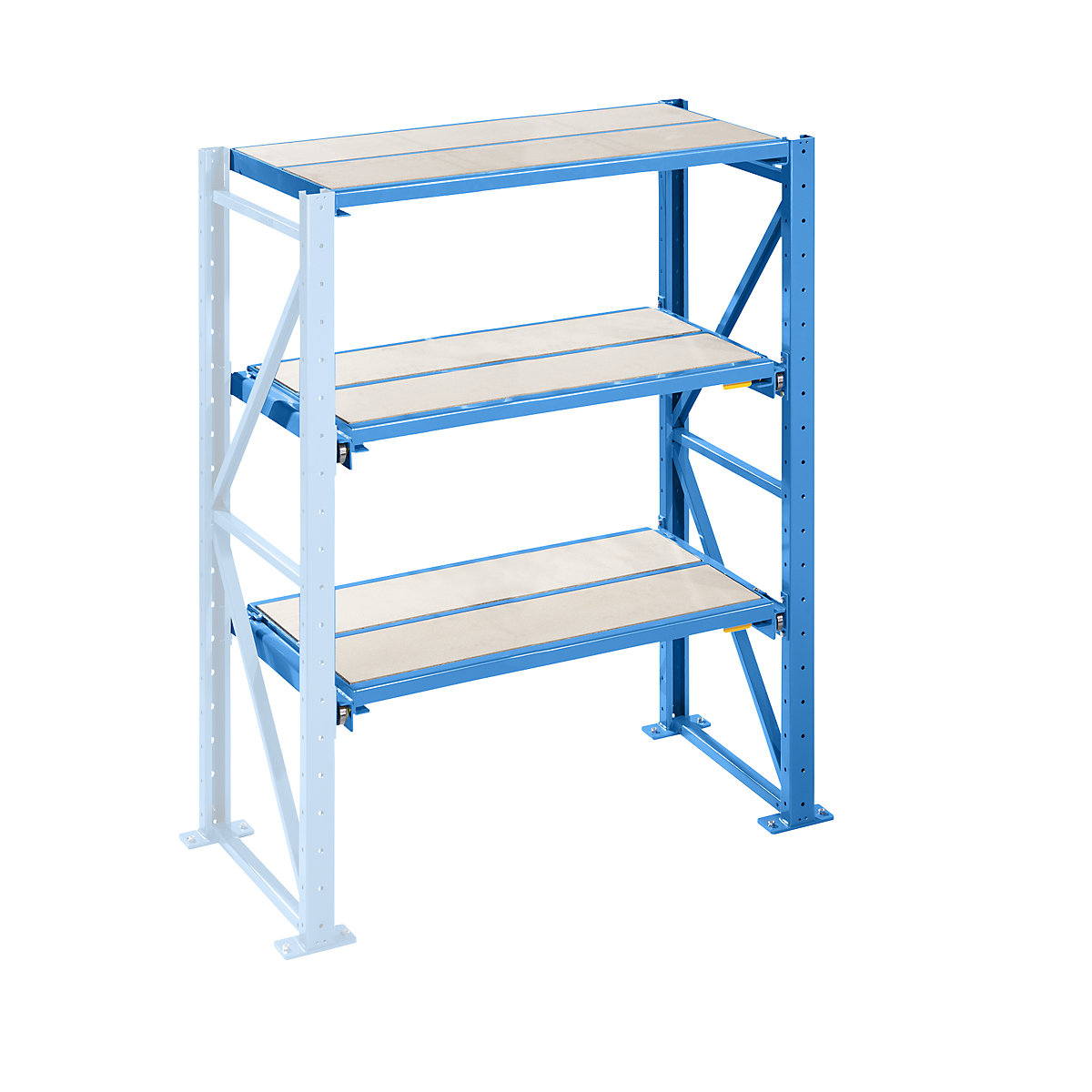 Heavy duty pull-out shelving unit – LISTA, shelf width 1290 mm, depth 860 mm, extension shelf unit, light blue-9