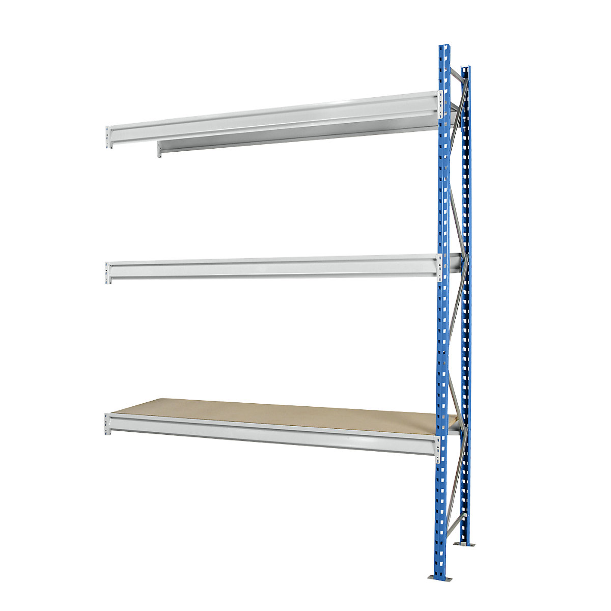 Heavy duty wide span shelving with moulded chipboard shelf panels, frame colour blue, HxWxD 2496 x 2330 x 1000 mm, extension shelf unit-12