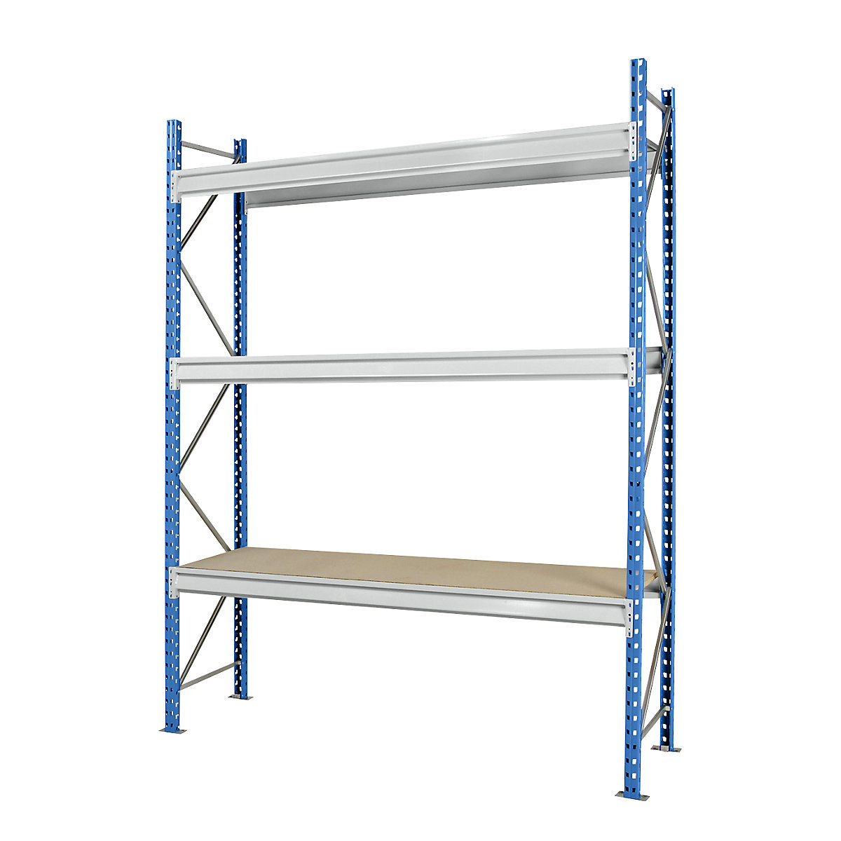 Heavy duty wide span shelving with moulded chipboard shelf panels, frame colour blue, HxWxD 2496 x 2410 x 1000 mm, standard shelf unit-9