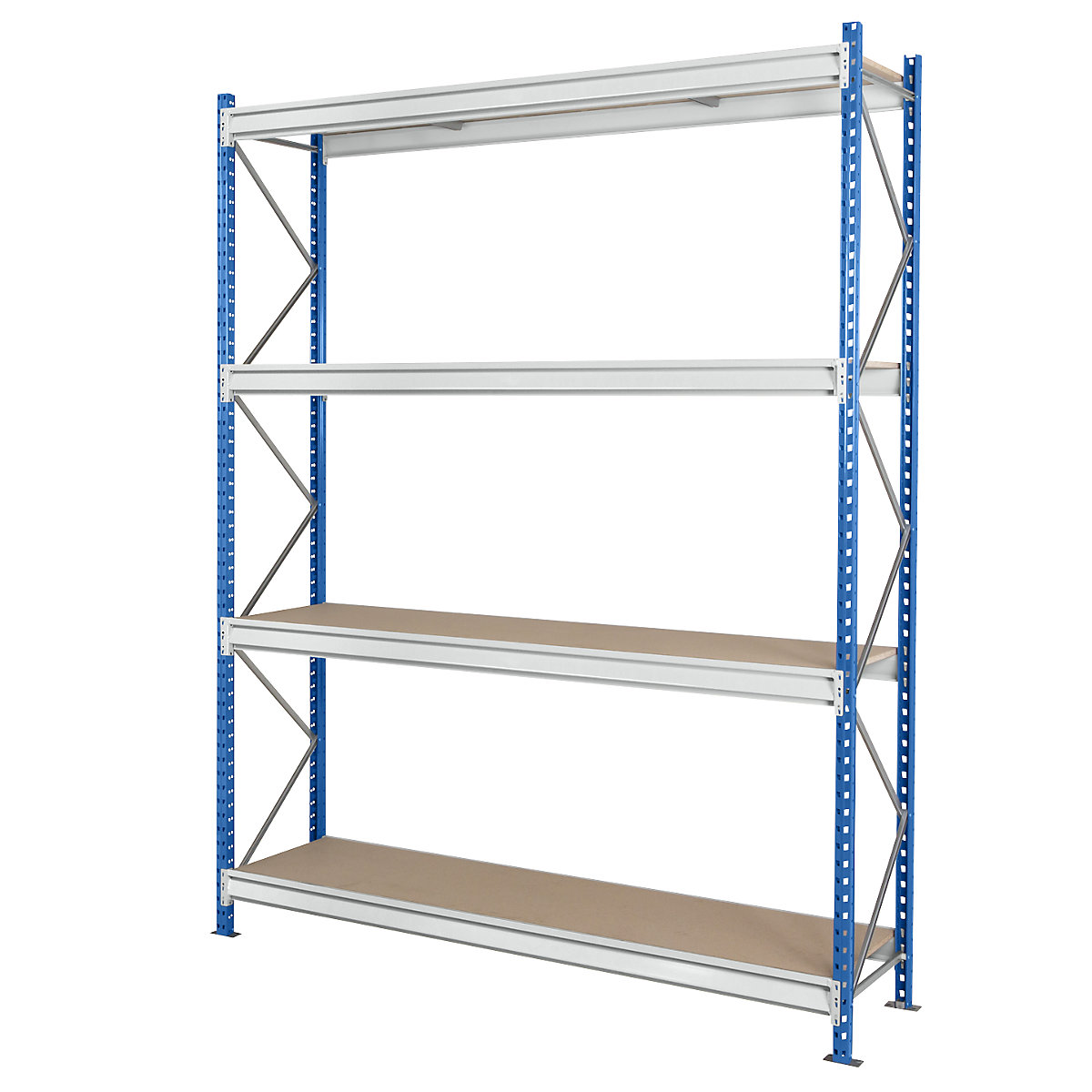 Heavy duty wide span shelving with moulded chipboard shelf panels, frame colour blue, HxWxD 2996 x 2410 x 1000 mm, standard shelf unit-8