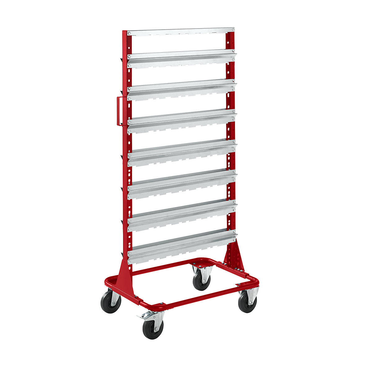 Mobile rack, height 1588 mm, mobile rack for 56 open fronted storage bins, flame red-3
