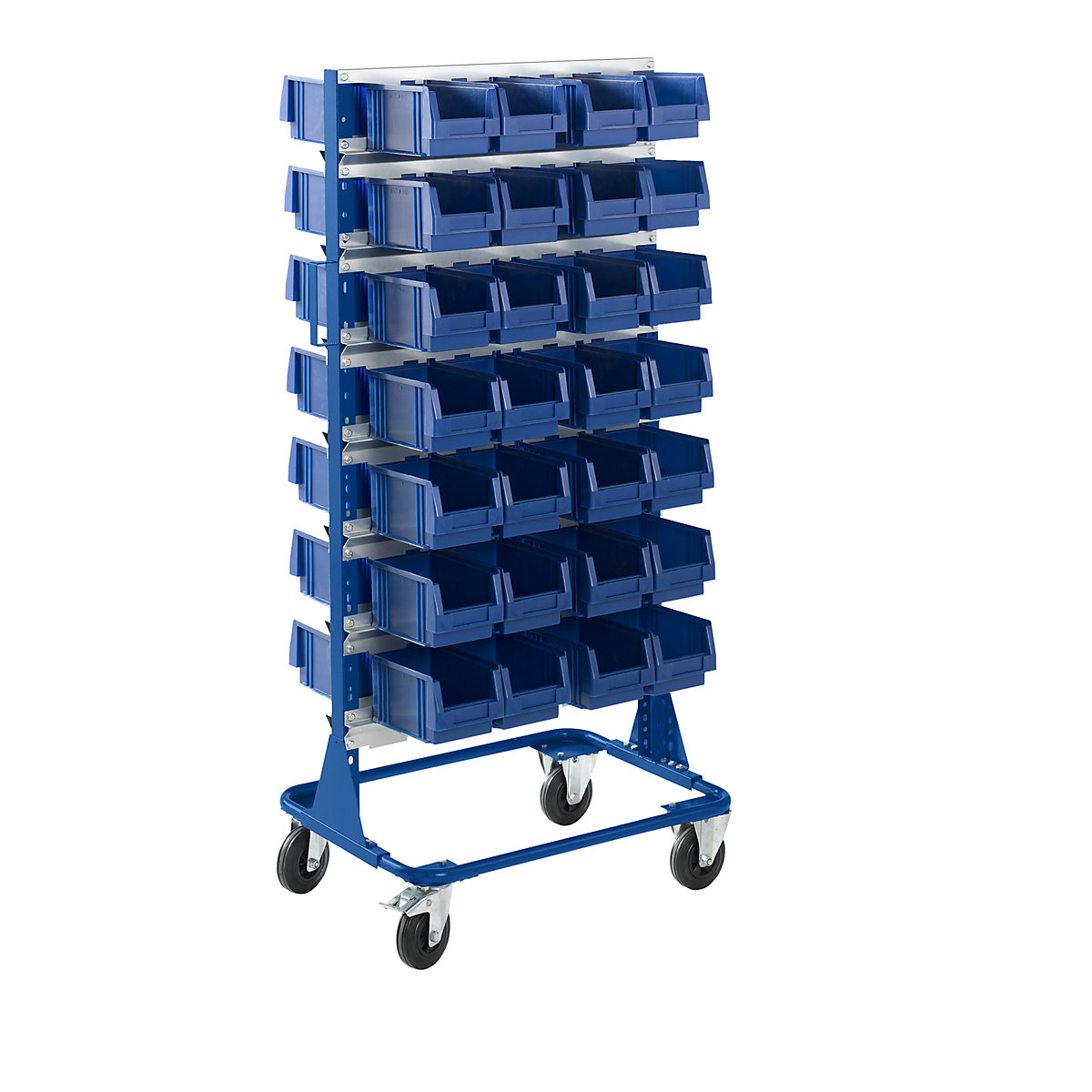 Mobile rack, height 1588 mm, mobile rack with 56 open fronted storage bins, gentian blue-5