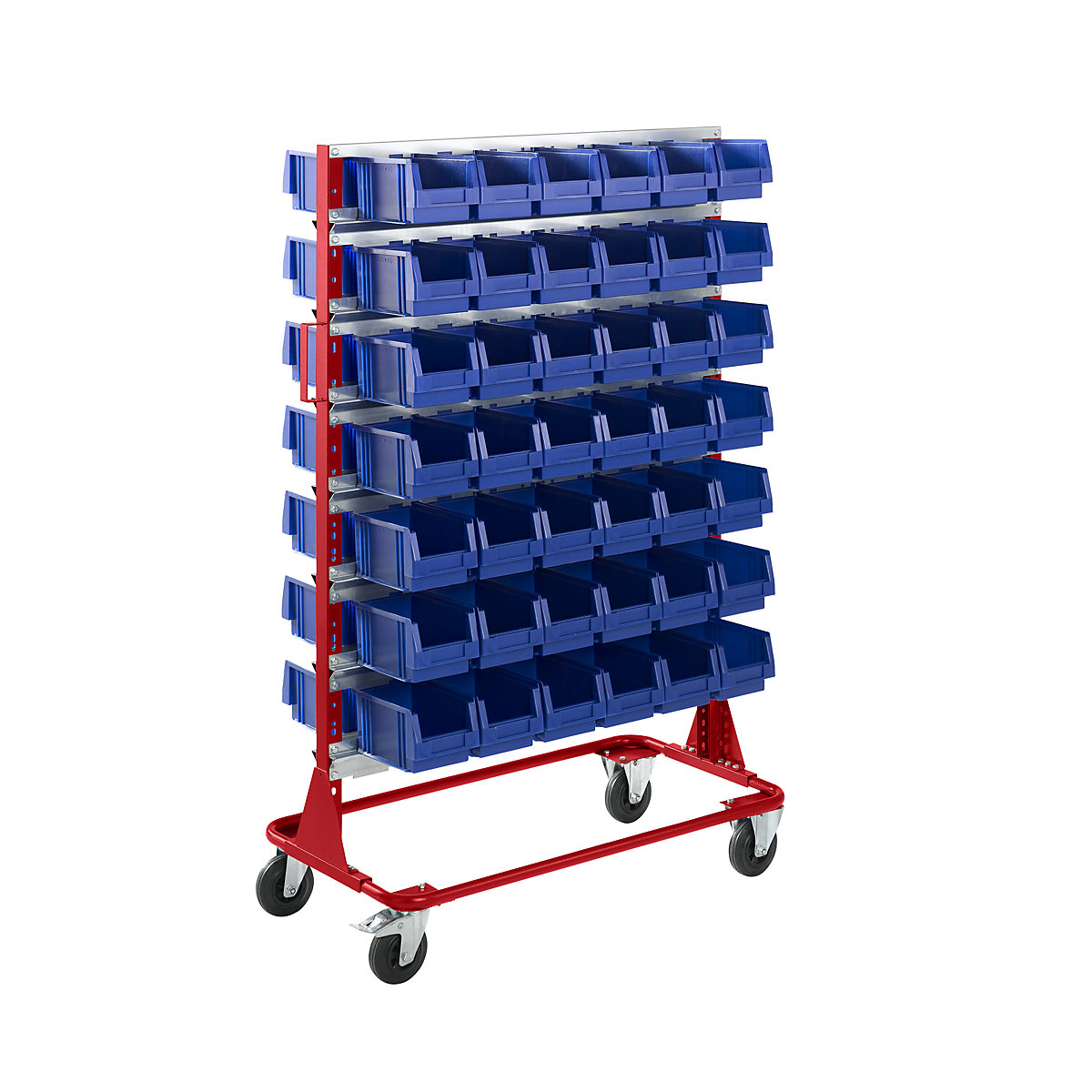 Mobile rack, height 1588 mm, mobile rack with 84 open fronted storage bins, flame red-5