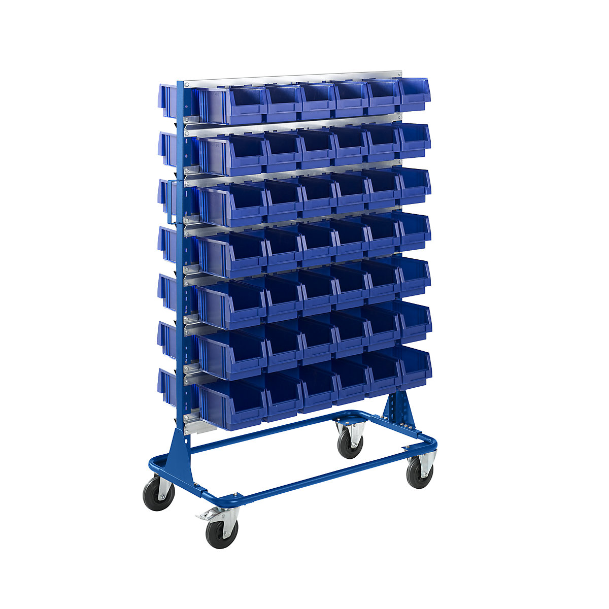 Mobile rack, height 1588 mm, mobile rack with 84 open fronted storage bins, gentian blue-6