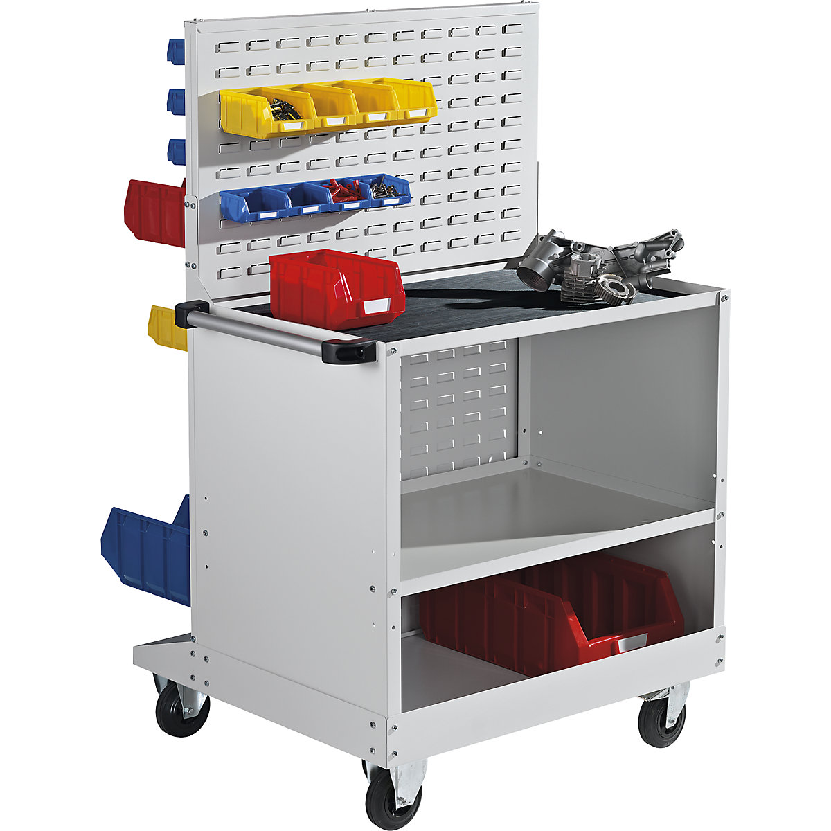 Mobile rack with open fronted storage bins and work surface
