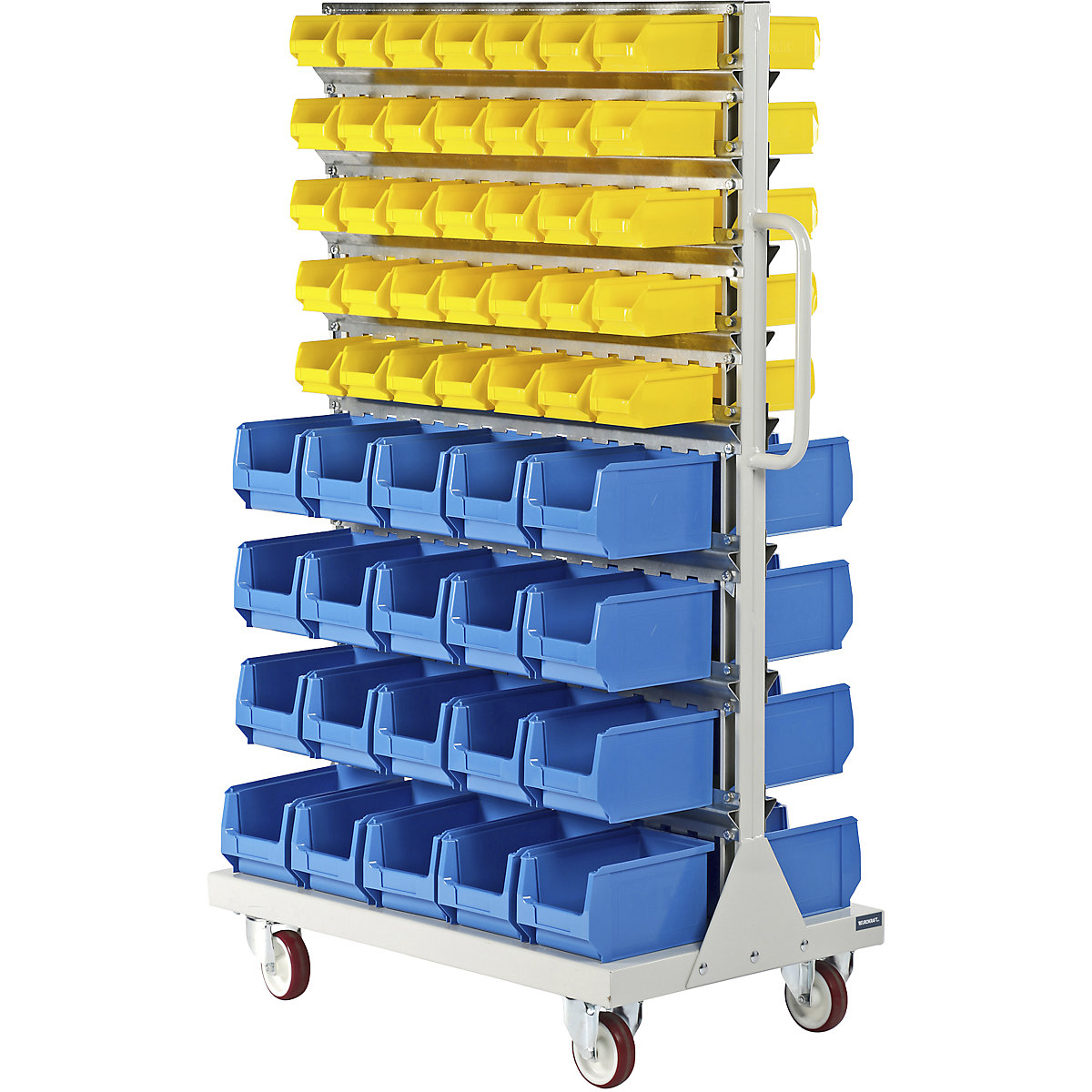Mobile rack with open fronted storage bins – eurokraft pro, double sided, HxWxD 1450 x 855 x 540 mm, with 140 bins-4
